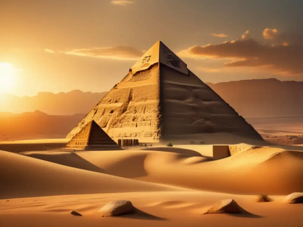 Misterios no resueltos: guerras faraónicas en una pirámide egipcia antigua iluminada por el sol dorado mientras el desierto se extiende