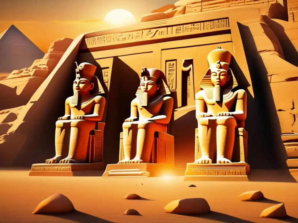 Misterios del Segundo Periodo Intermedio de Egipto envuelven las ruinas de un antiguo templo, bañadas por el cálido resplandor dorado del atardecer