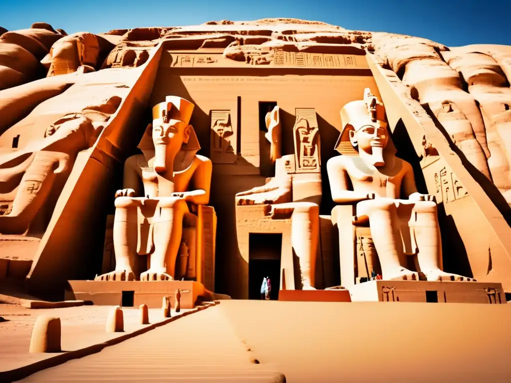 Misterios del Templo de Ramsés II en Abu Simbel: un antiguo tesoro de poder y grandeza bajo un cielo azul claro