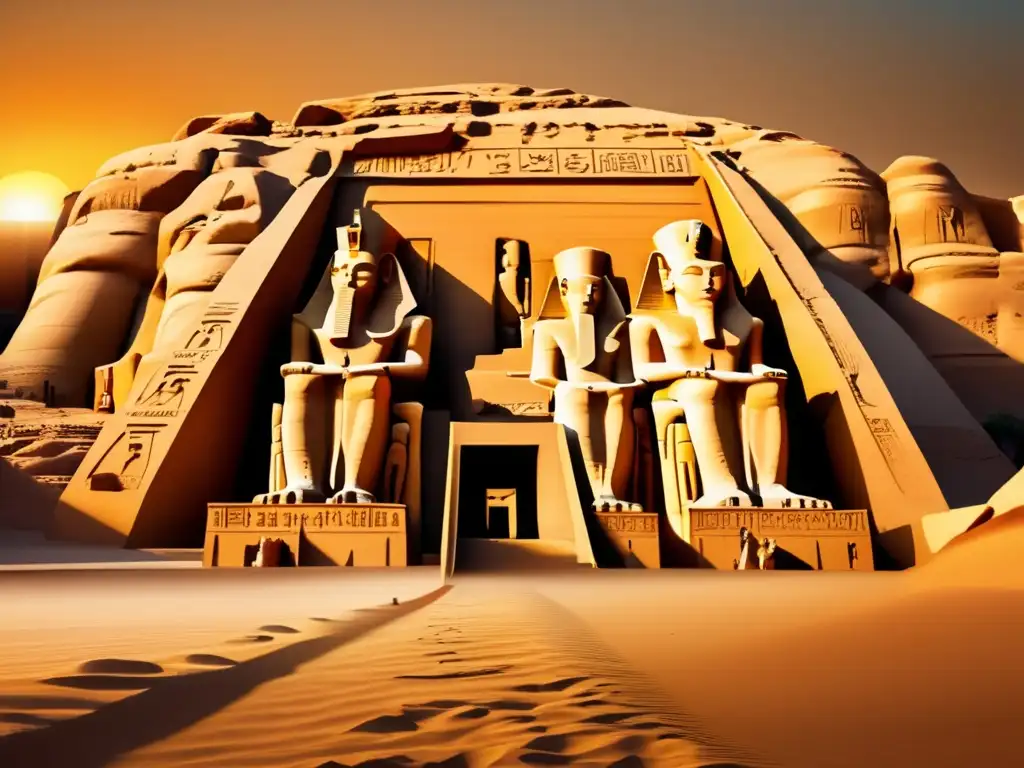 Misterios Templo Ramsés II Abu Simbel, el sol dorado ilumina la majestuosa fachada de piedra del templo, resaltando sus detalles y texturas antiguas