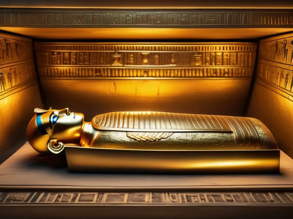 Tutankamón y los misterios de su tumba: Un detalle impresionante del sarcófago dorado, con intrincados jeroglíficos y una cámara tenue