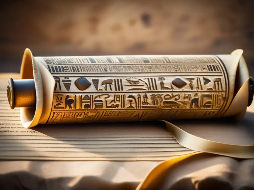 Misteriosa sabiduría ancestral desvelada en papiros perdidos del antiguo Egipto, con inscripciones y símbolos envejecidos y detallados