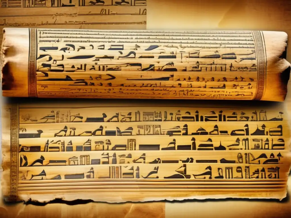 Reconstrucción misteriosa del antiguo lenguaje egipcio demótico en un papiro envejecido, con hieroglíficos, ilustraciones y símbolos sagrados