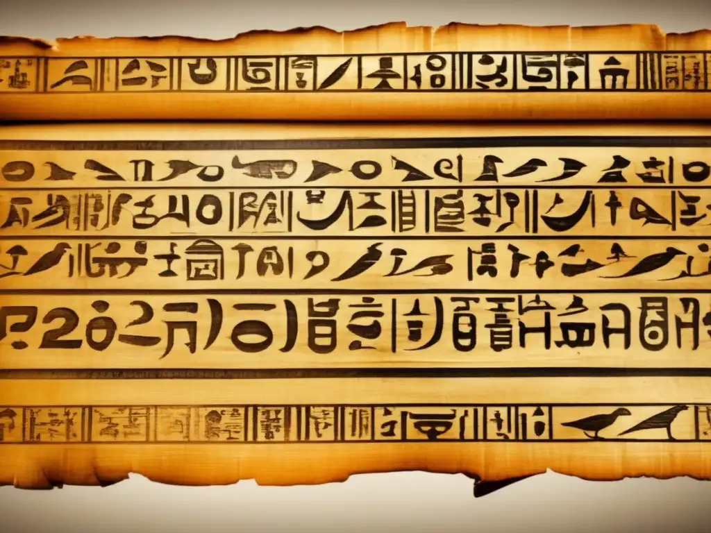 Reconstrucción misteriosa del antiguo lenguaje egipcio demótico en un pergamino envejecido, revelando intrincadas inscripciones jeroglíficas