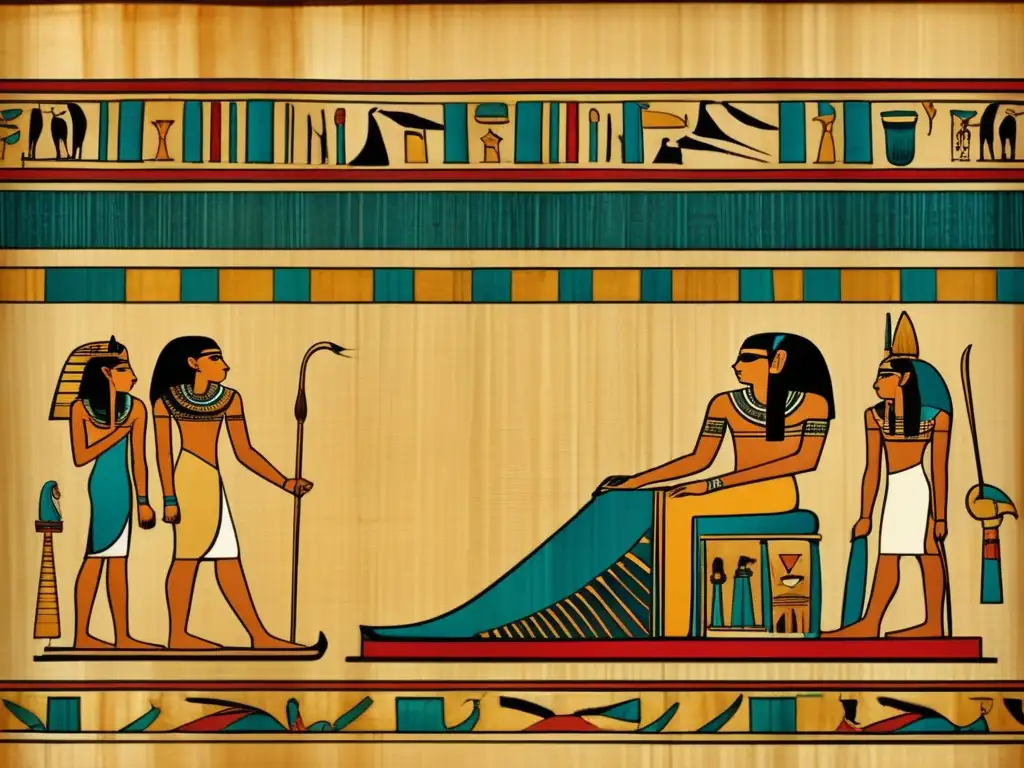 Reconstrucción misteriosa del antiguo Egipto: un pergamino egipcio demótico vintage, con jeroglíficos y escenas de la vida antigua