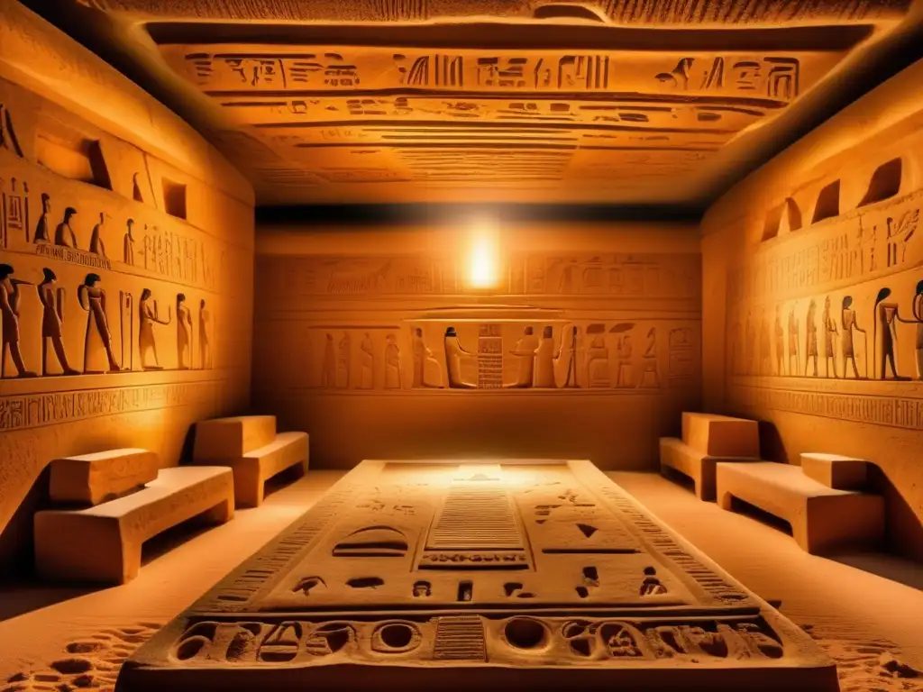 Explora la misteriosa cámara funeraria egipcia iluminada por antorchas