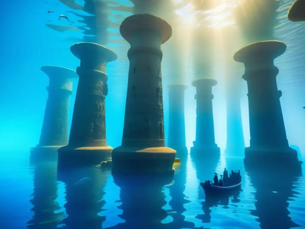 Misteriosa ciudad sumergida de Heracleion, bañada en luz azul etérea, revela sus secretos bajo el agua