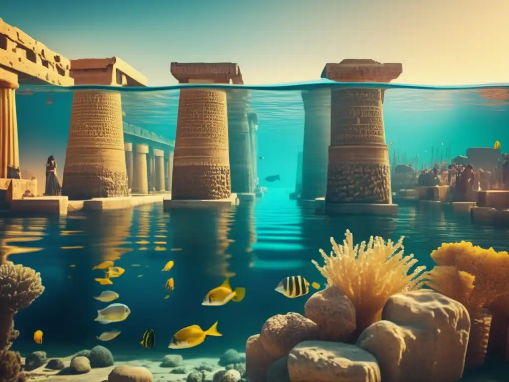 La misteriosa ciudad sumergida de Heracleion se revela en una imagen de estilo vintage en las profundidades del Mar Mediterráneo