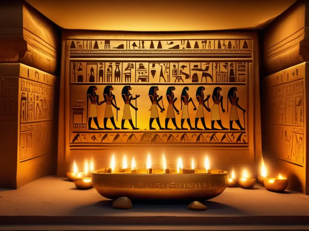 Misteriosa cámara funeraria en Egipto antiguo, iluminada por antorchas