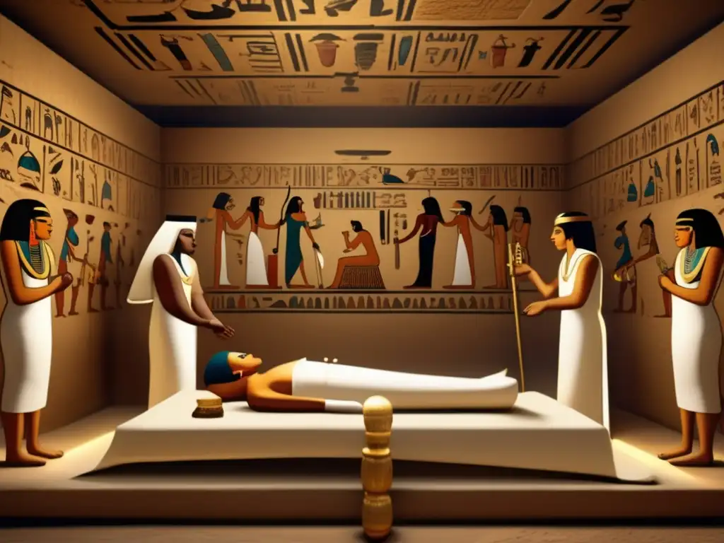 Misteriosa momificación en el Imperio Nuevo: sacerdotes envuelven cuidadosamente un cuerpo en un cuarto adornado con jeroglíficos y murales intrincados