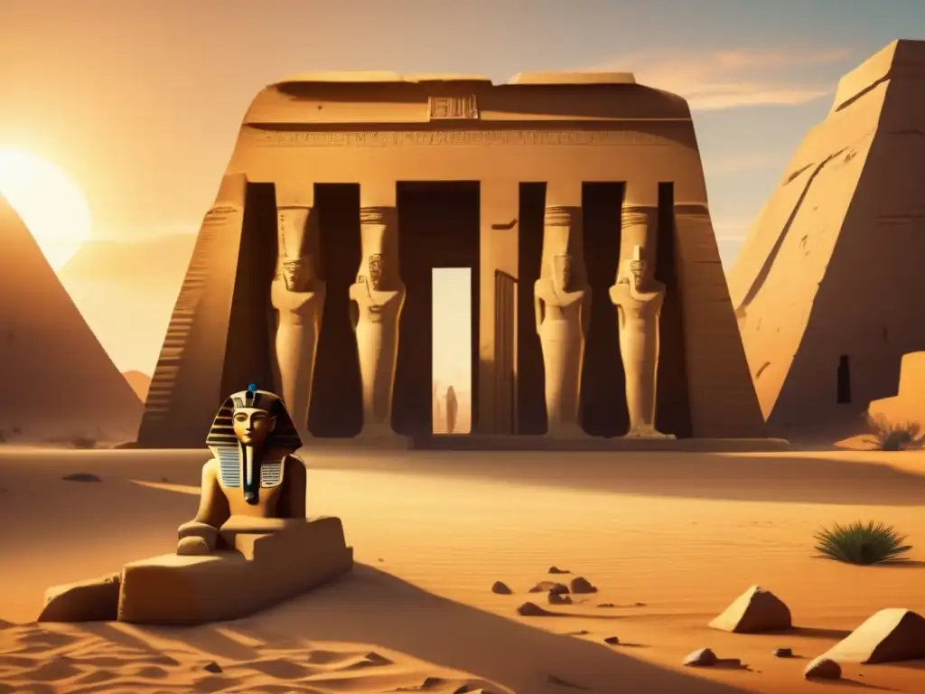 La misteriosa ruina de un templo egipcio, con columnas de piedra desmoronadas y jeroglíficos desvanecidos