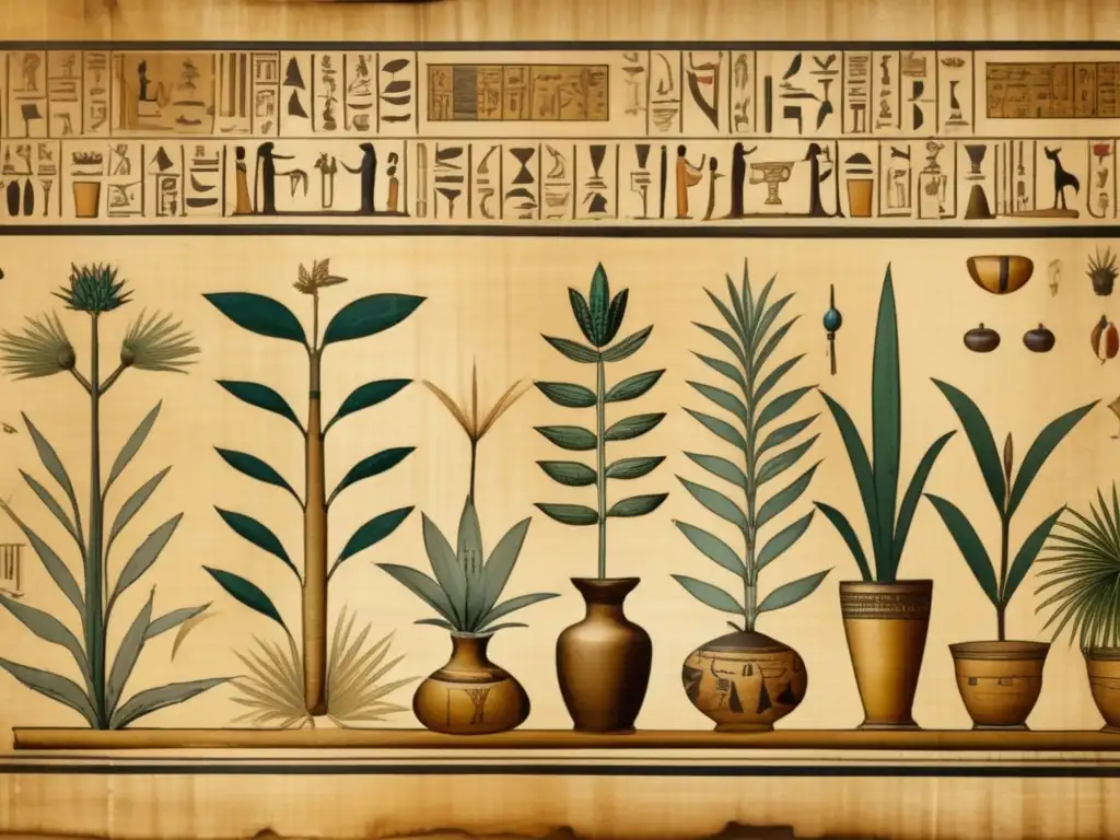 Una misteriosa y sabia farmacopea del Antiguo Egipto, plasmada en un antiguo papiro con ilustraciones detalladas de hierbas y pociones