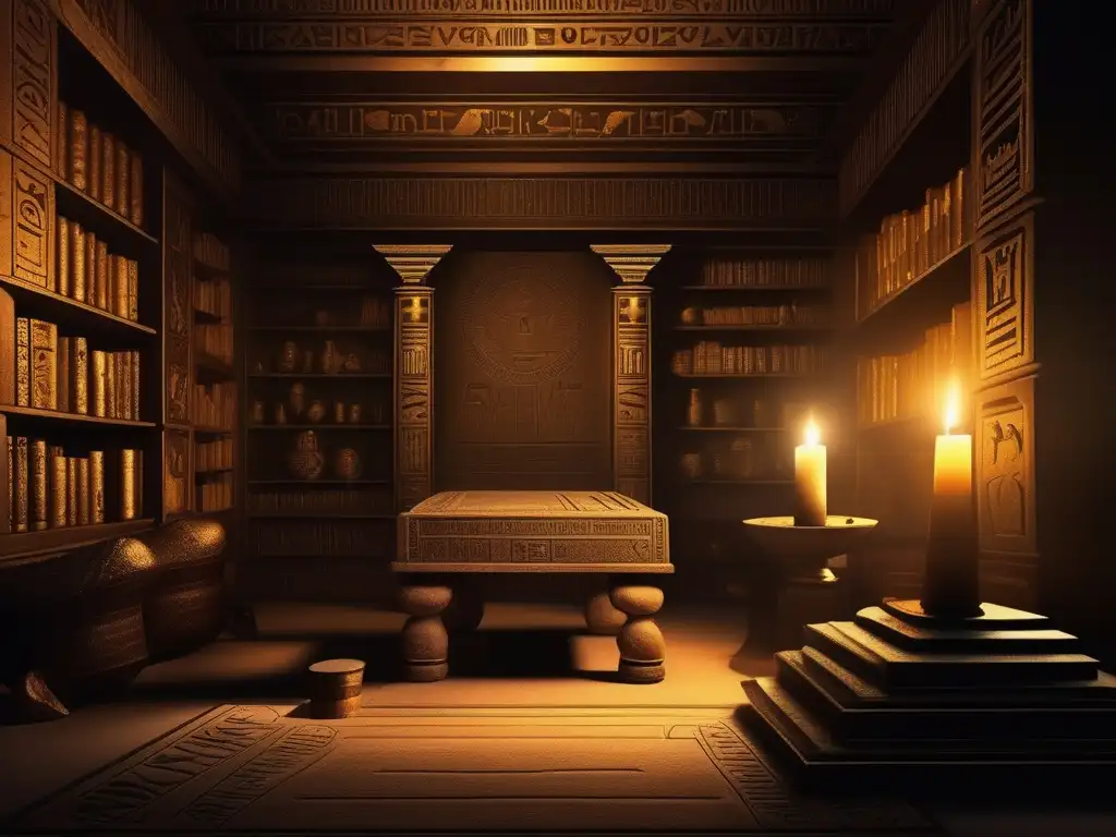 Una misteriosa sala iluminada por velas, llena de artefactos egipcios y jeroglíficos