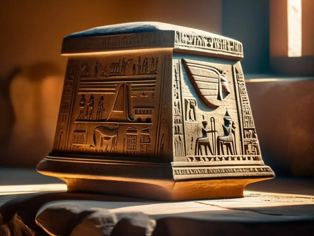 La misteriosa Piedra de Palermo, tesoro del Templo de Ptah en Menfis, se alza en un pedestal desgastado en una habitación tenue