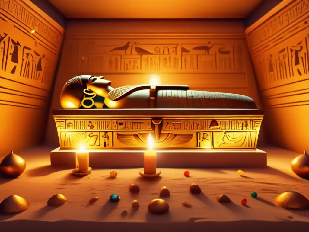 Explora la misteriosa tumba egipcia iluminada por antorchas, con jeroglíficos y tesoros dorados