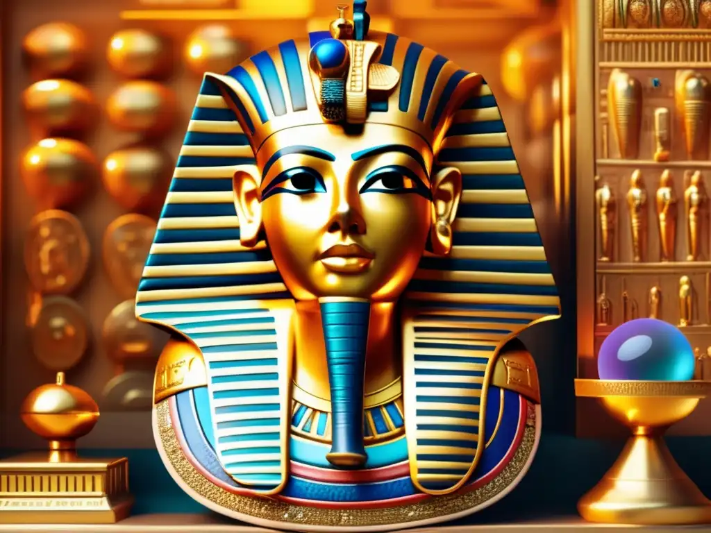La misteriosa tumba de Tutankamón, bañada en cálida luz dorada, rodeada de artefactos egipcios y jeroglíficos antiguos