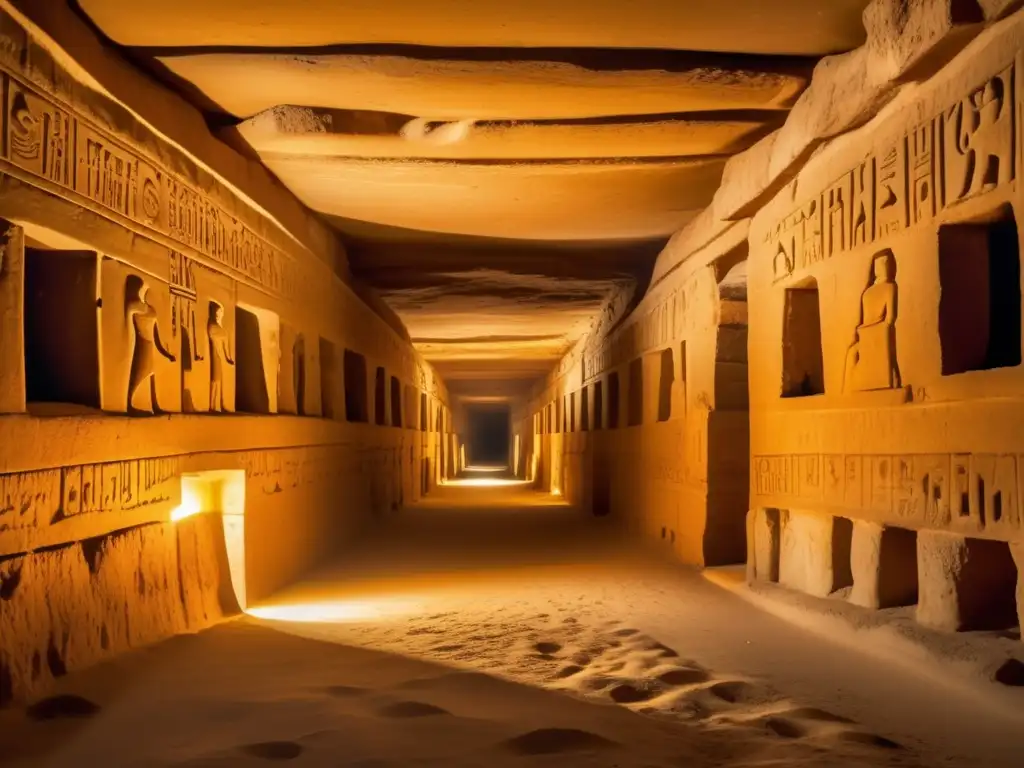 Misteriosas catacumbas de Saqqara en el antiguo Egipto, iluminadas por antorchas
