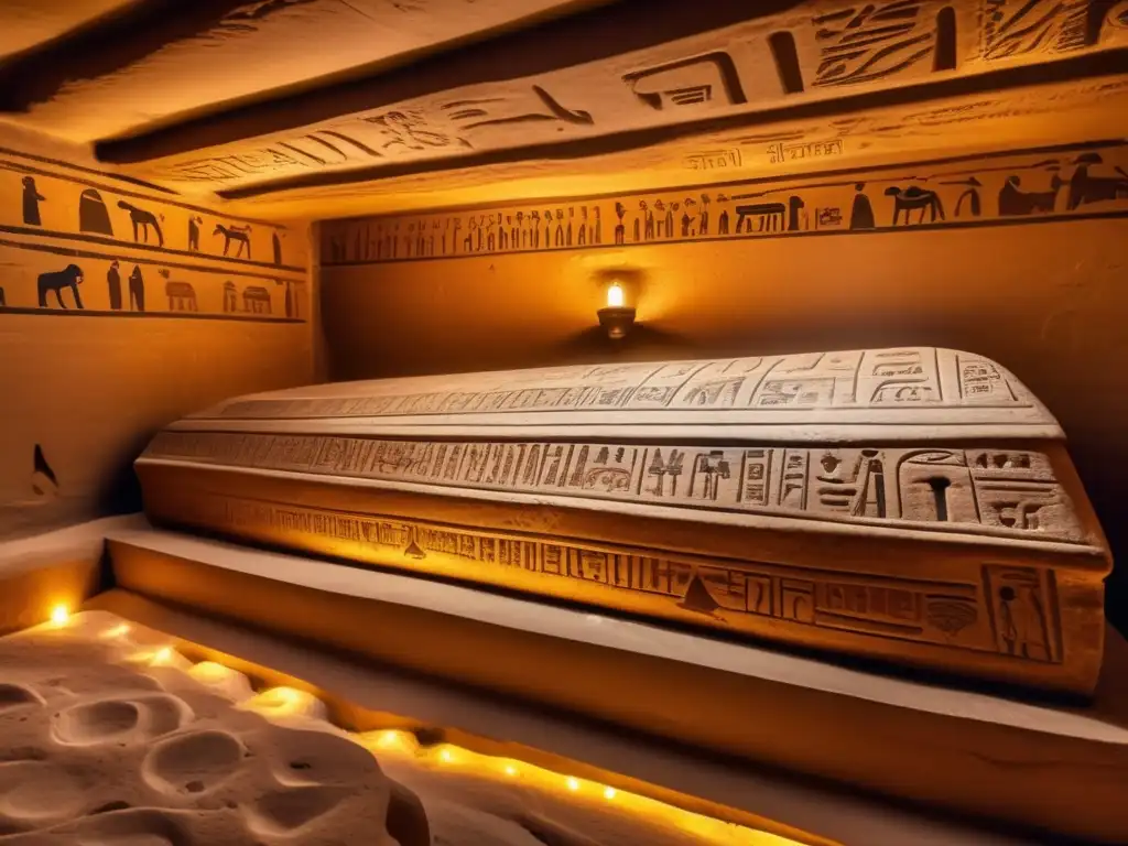 Explora las misteriosas estructuras subterráneas del Antiguo Egipto, con intrincadas carvings y jeroglíficos iluminados por una tenue luz
