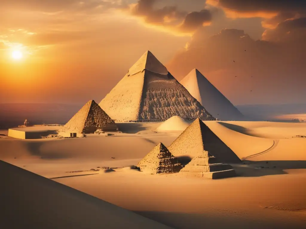 Las misteriosas pirámides de Giza se alzan majestuosas bajo un cielo vibrante al atardecer