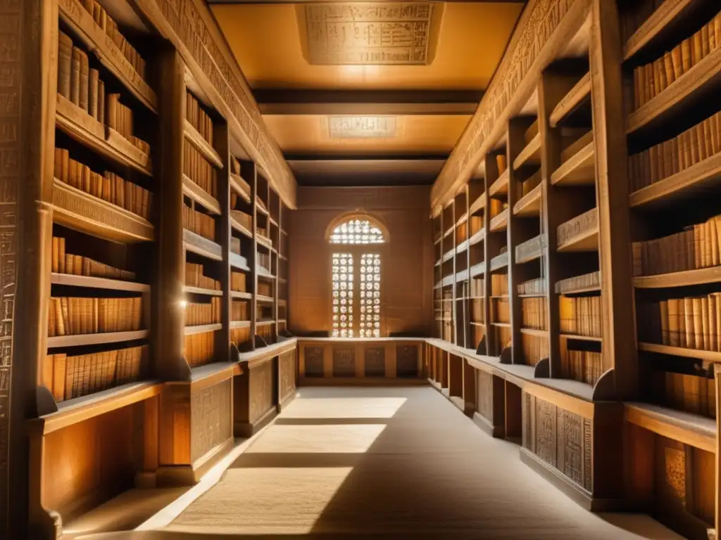 Un misterioso y antiguo biblioteca egipcia iluminada por tenues rayos de sol
