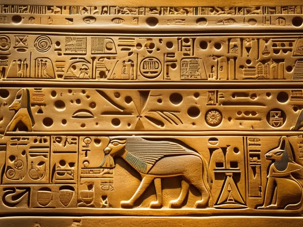 Misterioso artefacto egipcio antiguo con mensajes astronómicos, detalladas y simbólicas representaciones en piedra desgastada