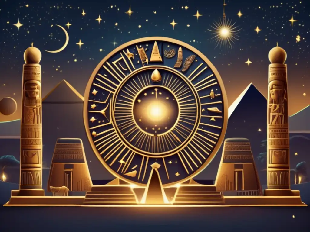 Misterioso calendario egipcio iluminado por antorchas y estrellas