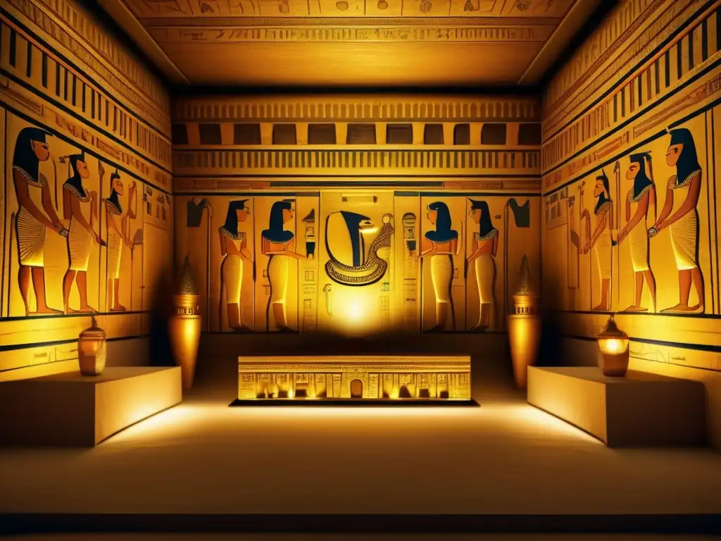 Un misterioso interior de la tumba de Tutankamón, iluminado por antorchas y lleno de hallazgos y secretos antiguos