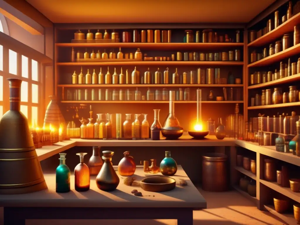 Misterioso laboratorio alquímico egipcio, bañado en cálida luz dorada