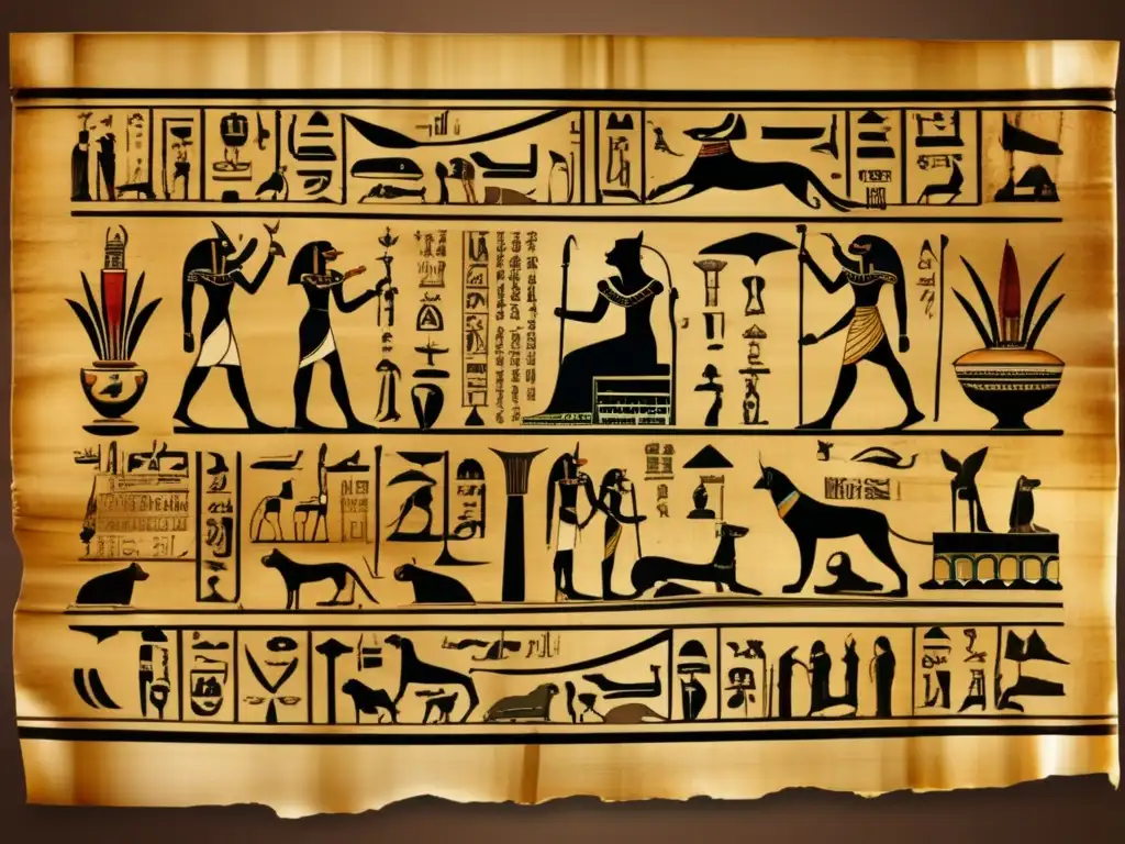Misterioso pergamino egipcio antiguo, desplegado y adornado con jeroglíficos intrincados