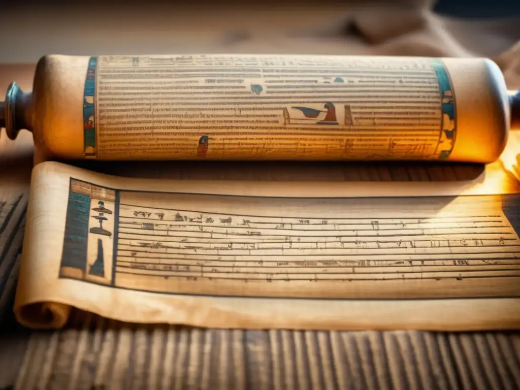 Misterioso pergamino egipcio antiguo, revelando jeroglíficos y escrituras desvanecidas
