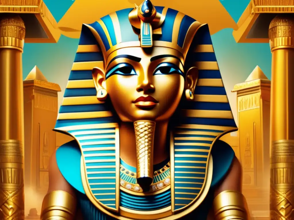 Un misterioso póster de película vintage inspirado en Tutankamón, con el joven faraón en el centro rodeado de un majestuoso templo egipcio dorado