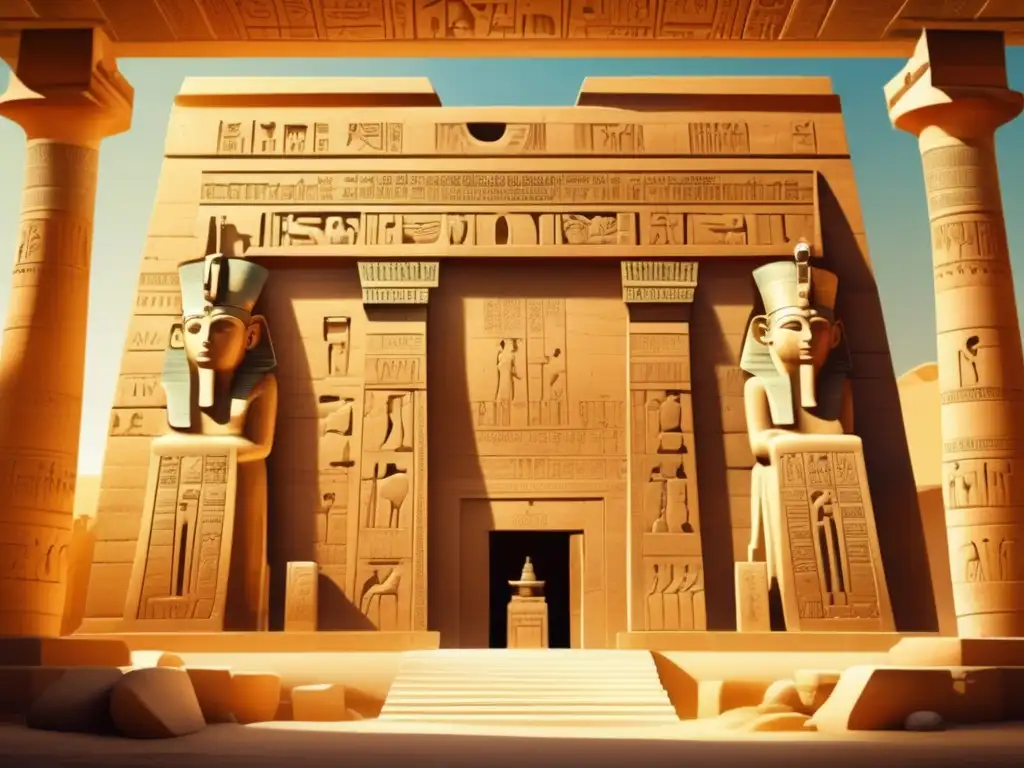 El misterioso Templo de Dendera bañado en cálida luz solar, con intrincadas esculturas y jeroglíficos en sus paredes