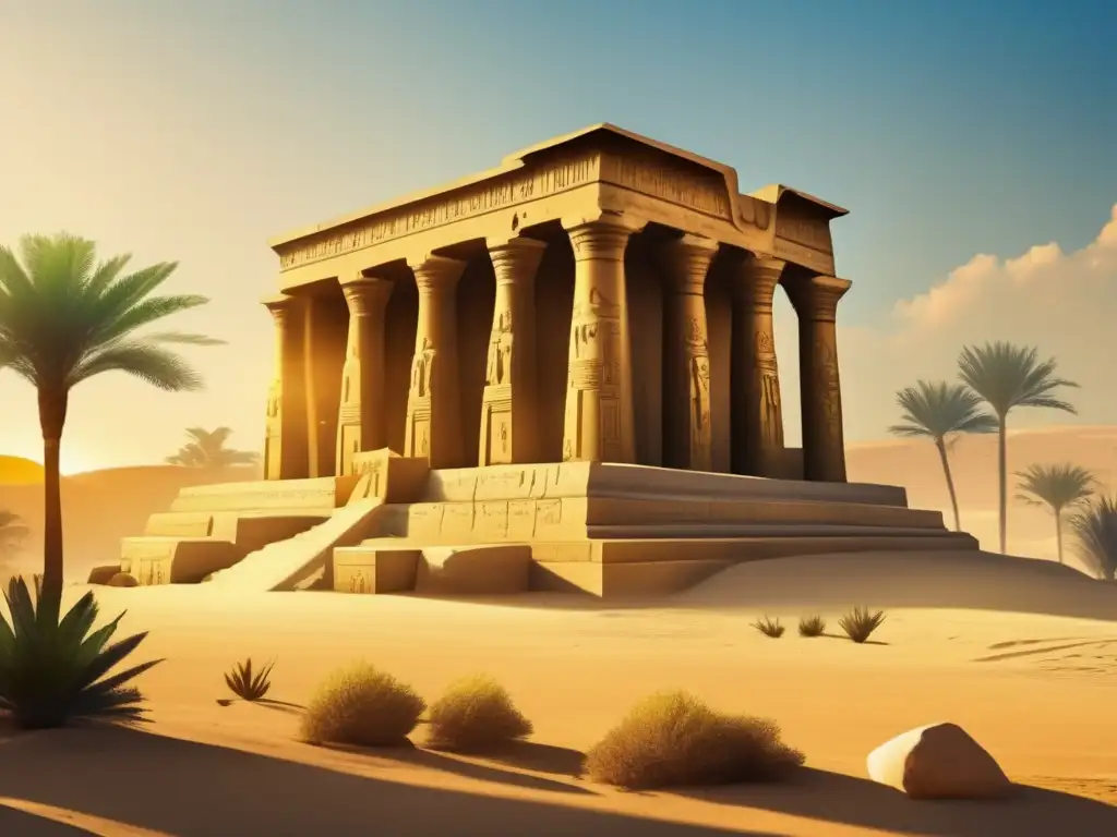Un misterioso templo egipcio bañado en cálida luz dorada, con intrincadas inscripciones que cuentan historias de un pasado antiguo