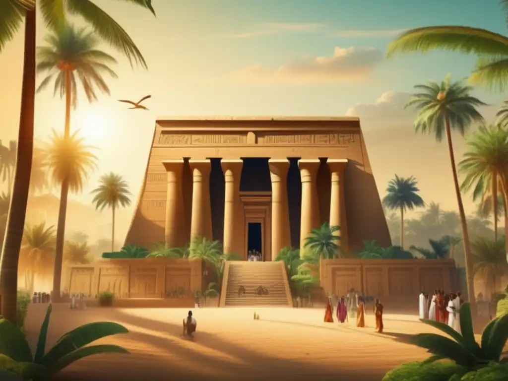 Un misterioso templo egipcio rodeado de vegetación exuberante y palmeras altas