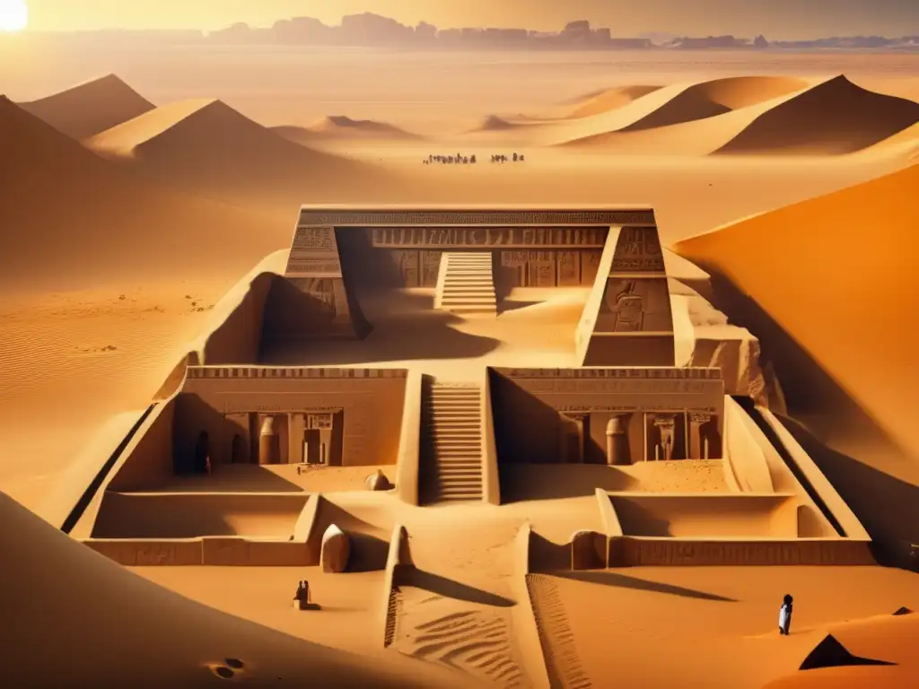 Misterioso templo solar en el antiguo Egipto, resplandeciendo en la aridez del desierto con jeroglíficos y esculturas milenarias