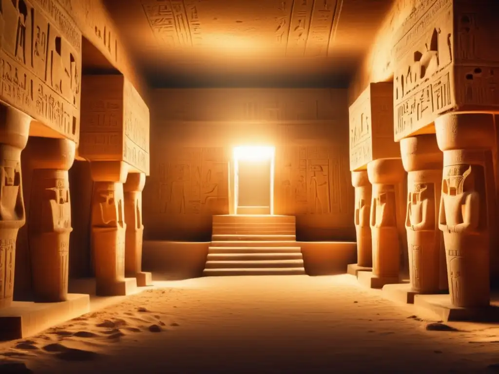Misterio y antigüedad en el templo subterráneo de Abydos, Egipto Un misterioso templo subterráneo en Abydos, Egipto, iluminado tenue y bellamente por antorchas