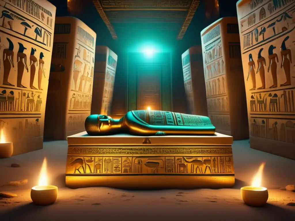 Misterioso y tenebroso túmulo egipcio con jeroglíficos, sarcófago abierto y momia dorada
