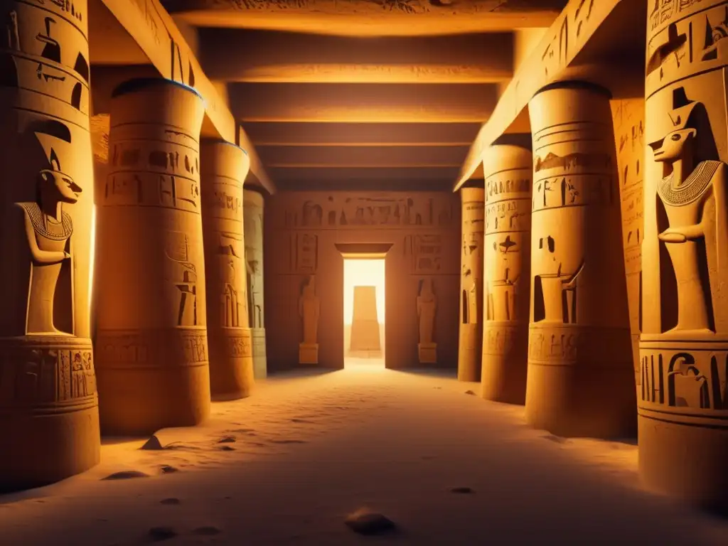 Un misterioso tesoro egipcio: la Cachette de Karnak, estatuas faraones iluminadas por velas en una cámara llena de intriga y encanto antiguo