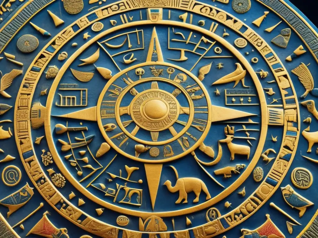 Misterioso zodíaco del Templo de Dendera, cautivadora obra de arte vintage con símbolos celestiales tallados en piedra