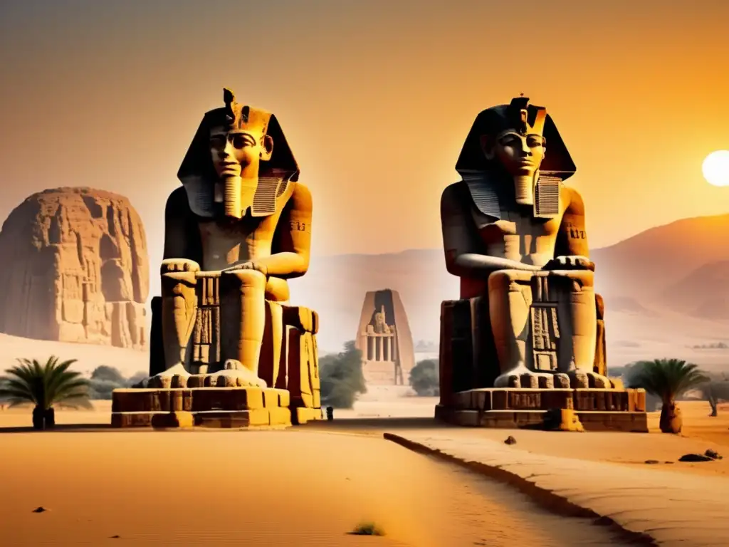 Misteriosos Colosos de Memnón en el desierto egipcio al amanecer