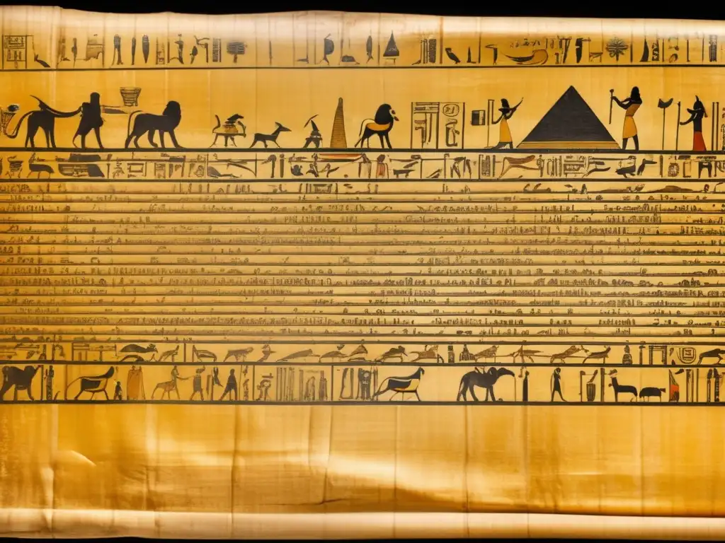 Misteriosos encantamientos antiguos para más allá de Egipto, plasmados en un pergamino egipcio desgastado con tonos dorados y delicadas grietas