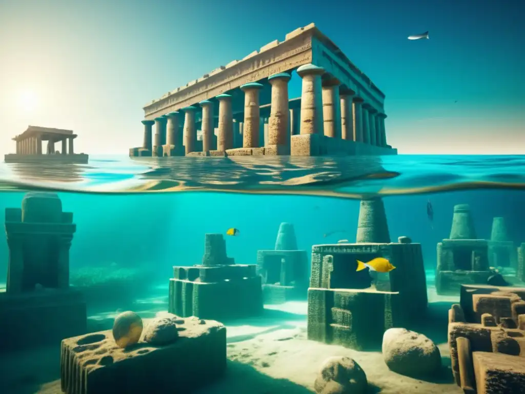 Descubre la mística belleza de los templos sumergidos de Heracleion, con sus ruinas y detalles arquitectónicos, emergiendo del Mediterráneo