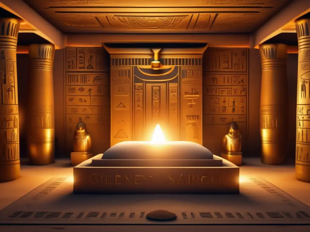 Una mística cámara egipcia iluminada débilmente, llena de artefactos antiguos y símbolos