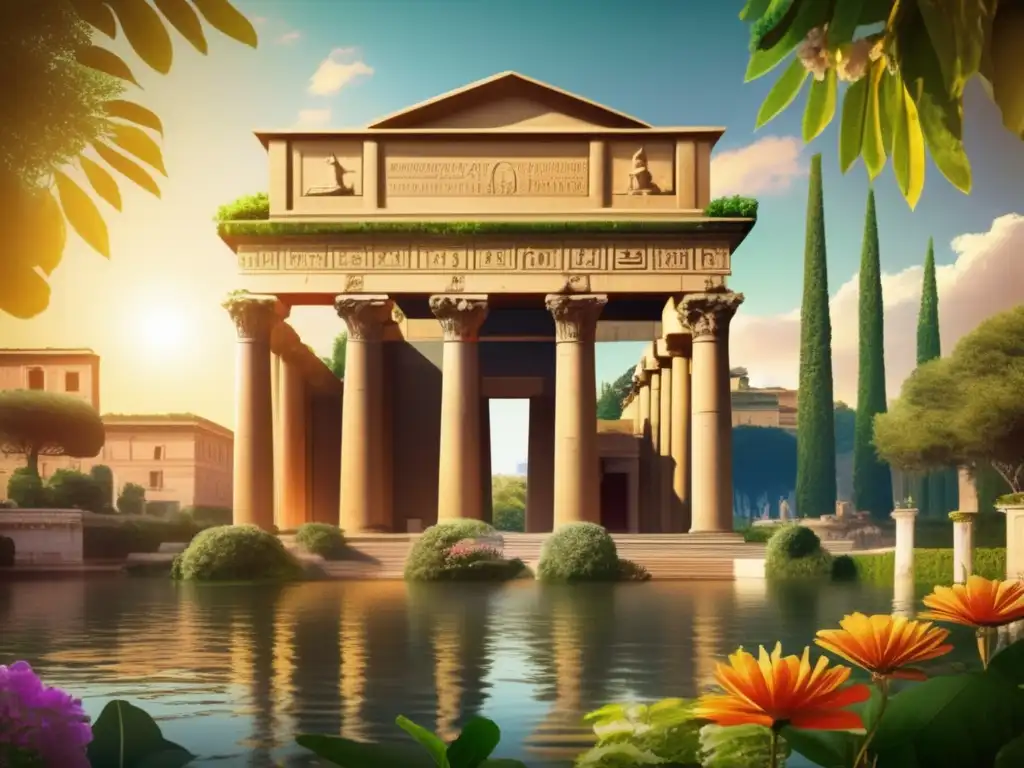 El místico legado de Isis en Roma cobra vida en esta imagen vintage del Templo de Isis, rodeado de exuberante vegetación y flores vibrantes