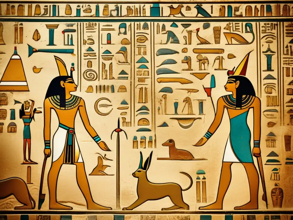 Místico mural egipcio con jeroglíficos en rituales sagrados, evocando la antigua belleza y el paso del tiempo