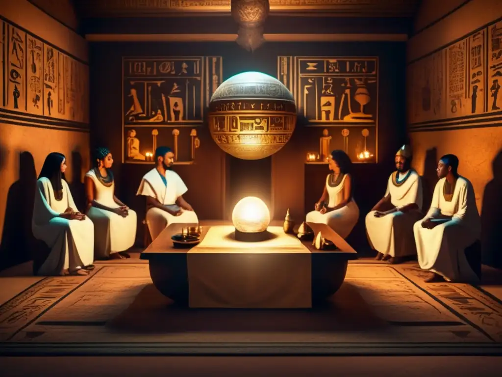 Un místico ritual en una cámara antigua con símbolos egipcios