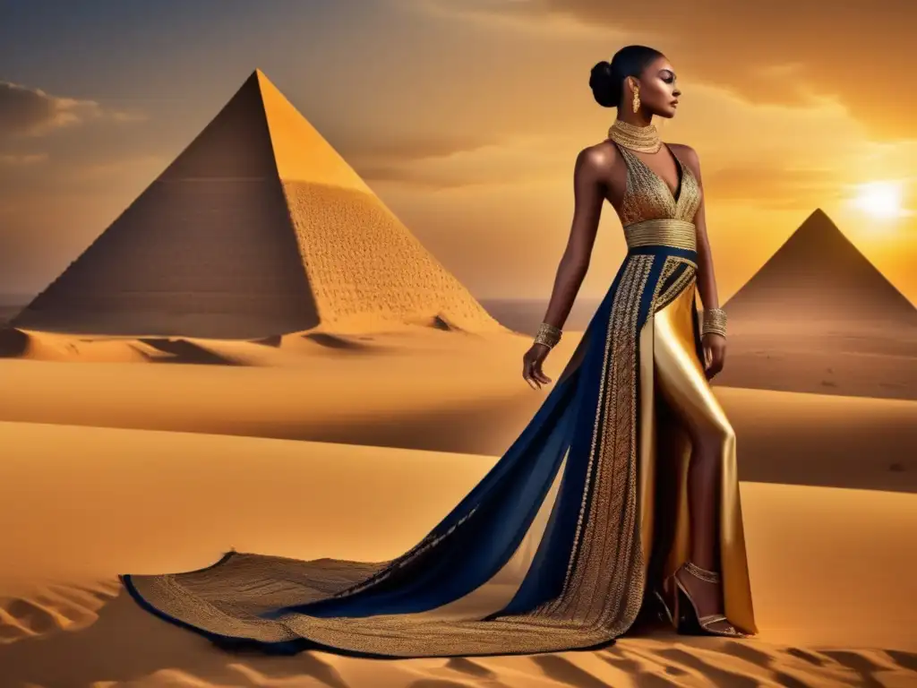 Una modelo de moda moderna viste un exquisito conjunto inspirado en la moda egipcia antigua