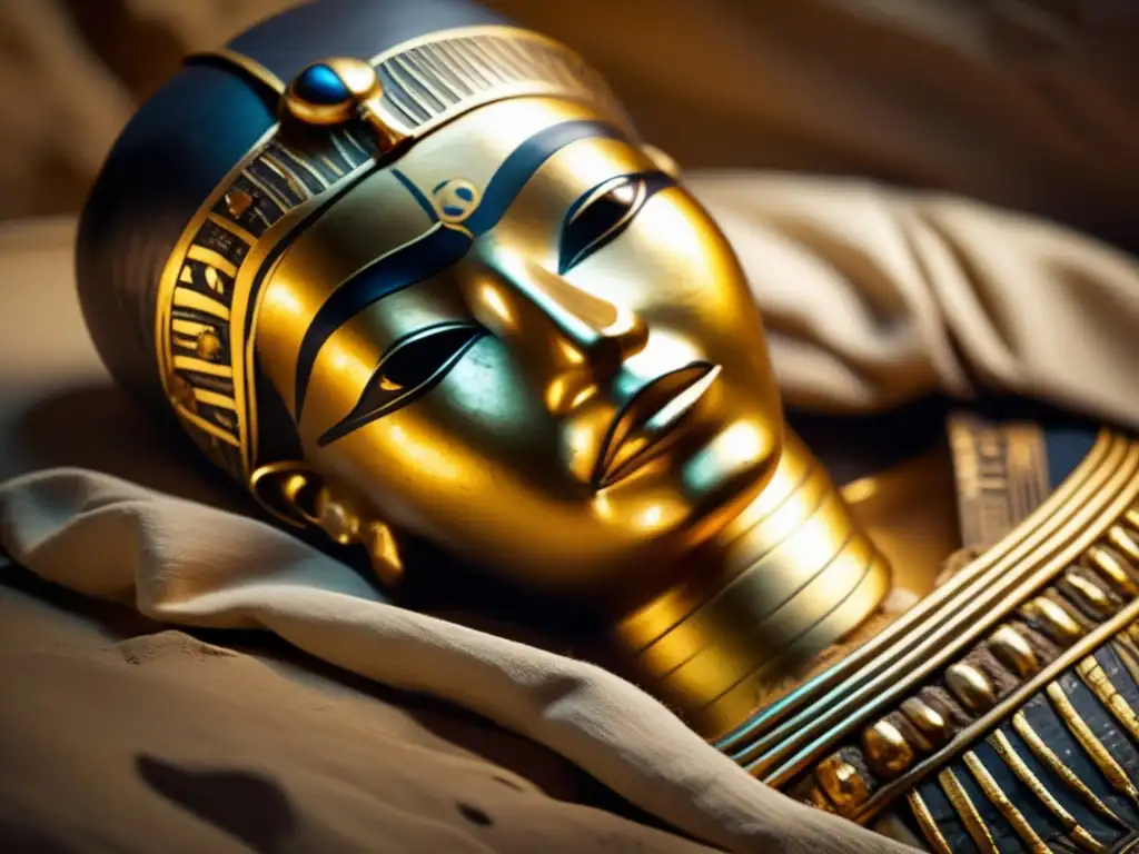 Una momia egipcia preservada con joyas doradas y vendas de lino yace en una tumba iluminada débilmente