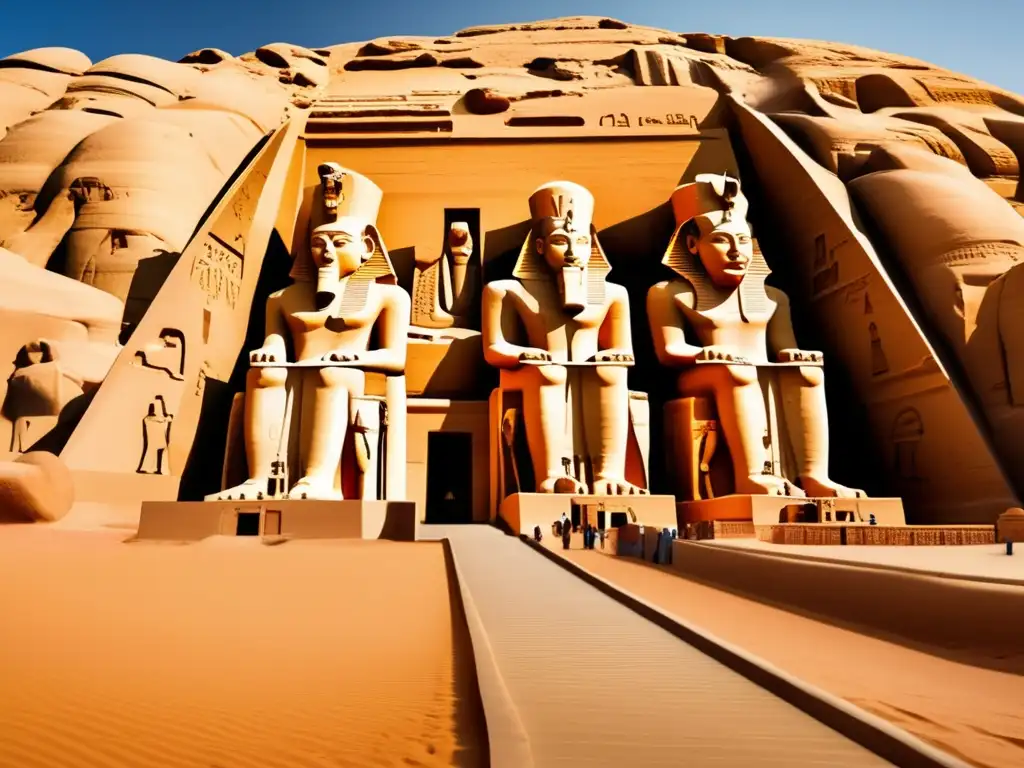 Monumentales construcciones de Ramsés II se elevan en el desierto, iluminadas por los rayos dorados del sol