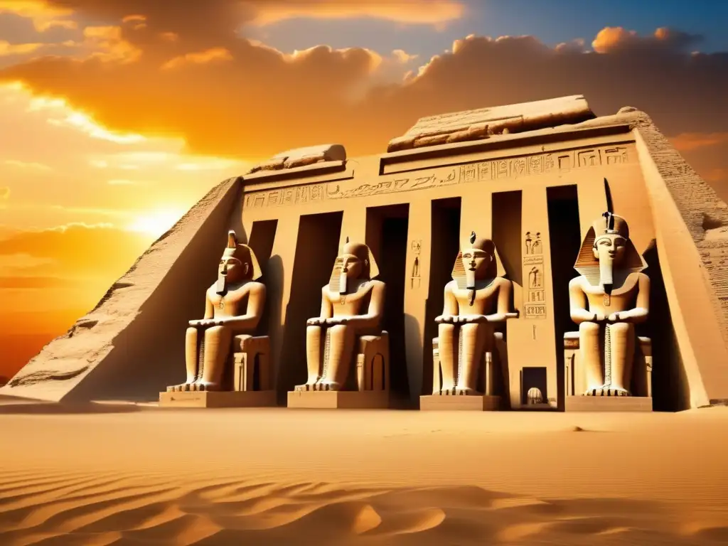 Monumentales construcciones de Ramsés II se alzan majestuosas bajo el dorado atardecer egipcio